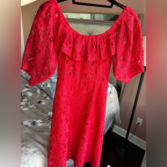 Zara Red Lace Midi Dress Button Down Size M Off-shoulder A Line Dress - Picture 4 of 15